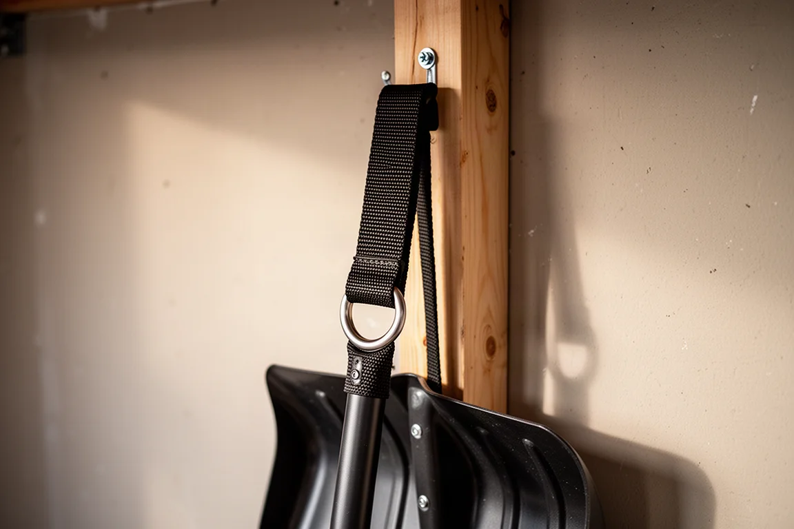 Strap threaded through its metal grommet hanging a long-handled tool on a wall screw