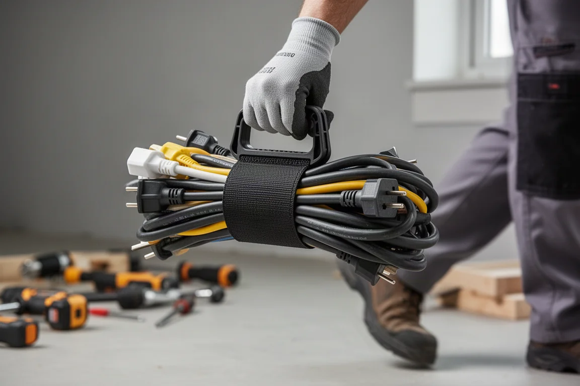 Hand carrying a bundle of extension cords by the strap's molded handle