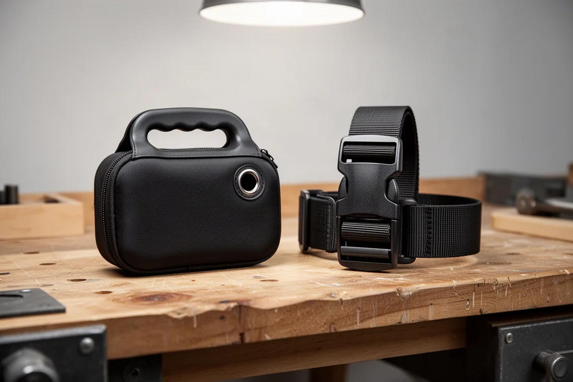 Two straps side by side on a workbench, one with a handle and one ratcheting style