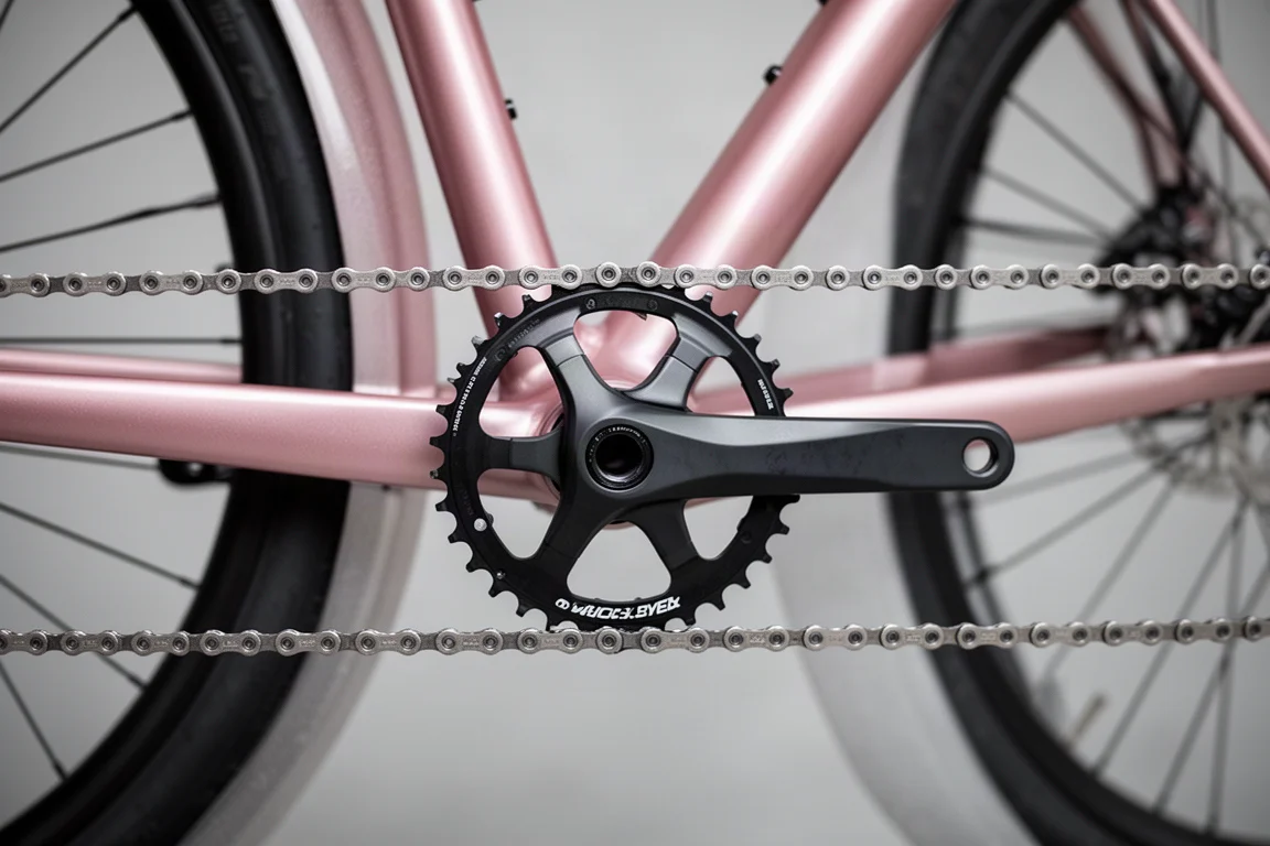 Närbild på ett enkelklingat drivsystem med symmetriska kedjestag på en gravelcykel