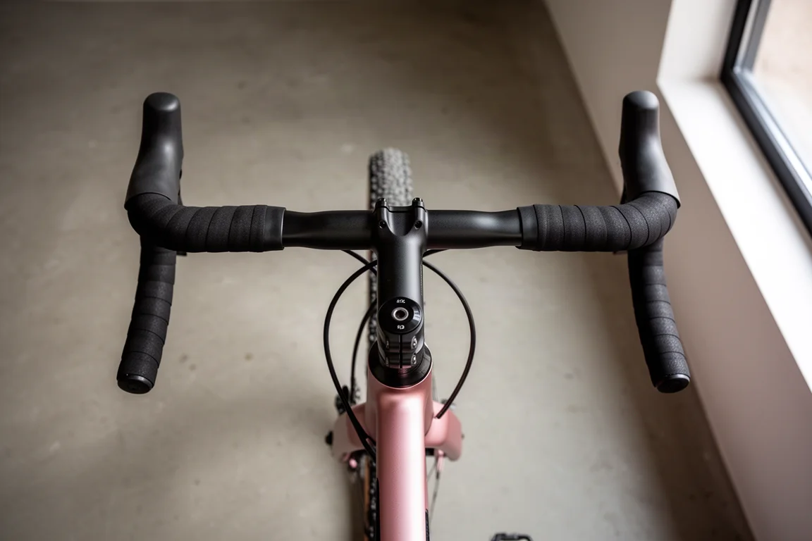 Gravelcykelcockpit med bromsslangar internt dragna genom styre och styrstam