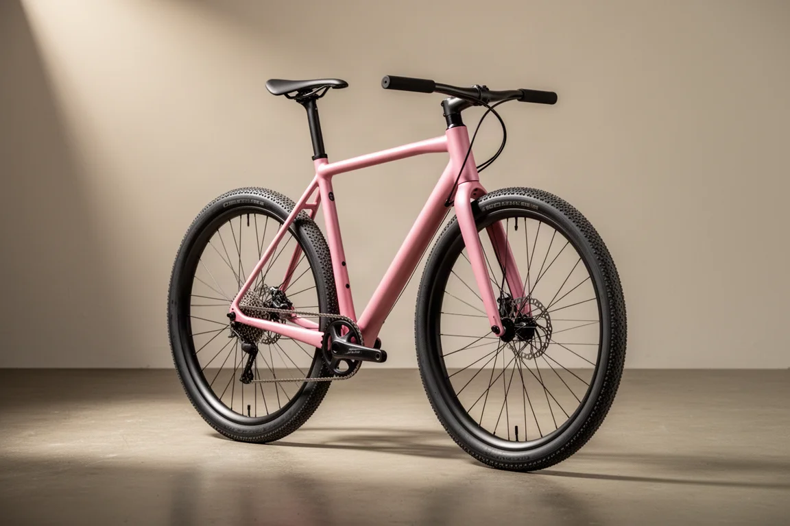 Gravelbike met satijnen roze frame, brede banden en geïntegreerde remleidingen op beton