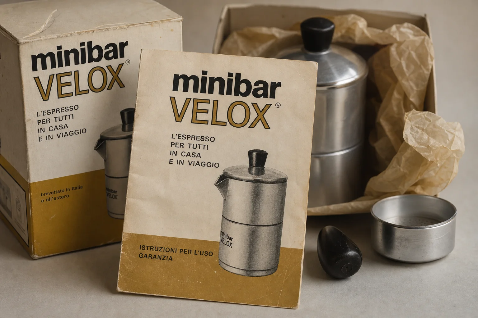 Vintage instruction manual and packaging for a 1970s coffee maker with period typography