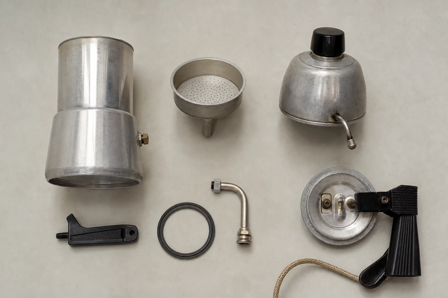Disassembled components of a vintage electric moka pot laid out on a surface