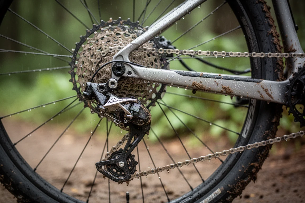 Gravelfahrer auf schneller Linie auf einem lockeren Schotterweg bei Tageslicht