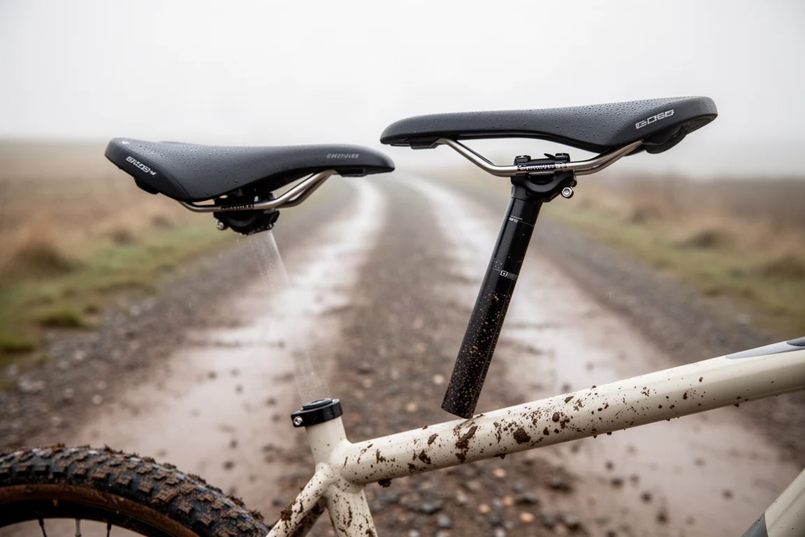Schlammbespritztes Gravelbike an einem Zaun ohne montierte Schutzbleche