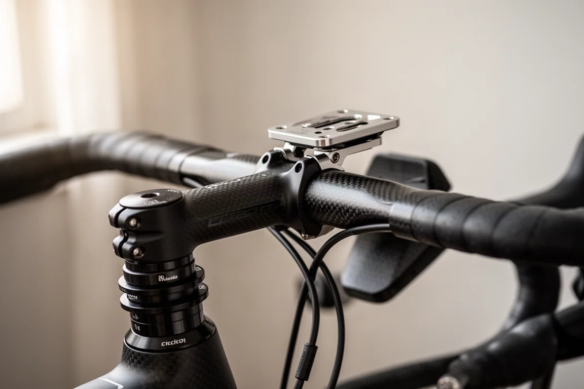 サイクルコンピューターマウント付きのロードバイクのハンドルバーと一体型ステムのクローズアップ