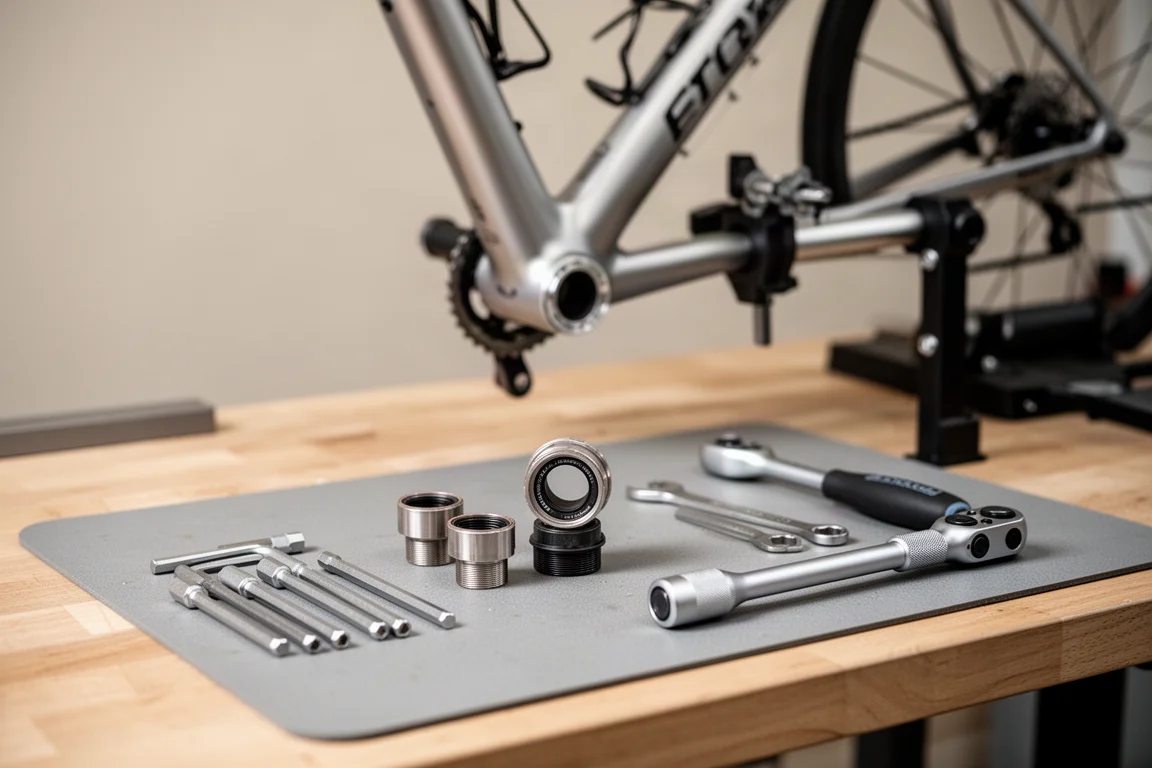 工具が並び、ボトムブラケットを整備中のロードバイク作業台