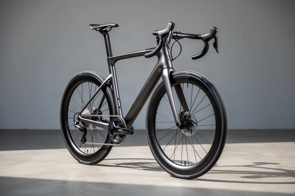 Aeroracefiets met diepe velgen en geïntegreerde carbon cockpit op een betonnen ondergrond