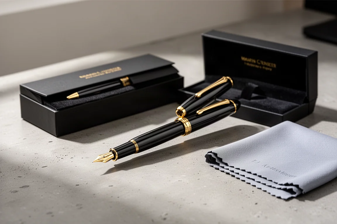 Stylo-plume en acrylique noir brillant posé sur un bureau avec son capuchon et sa boîte à proximité