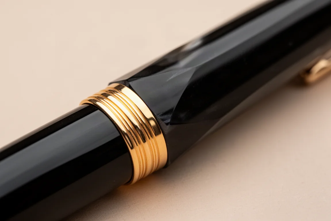 Gros plan sur le corps d'un stylo-plume montrant des garnitures métalliques dorées et des facettes inclinées en résine noire