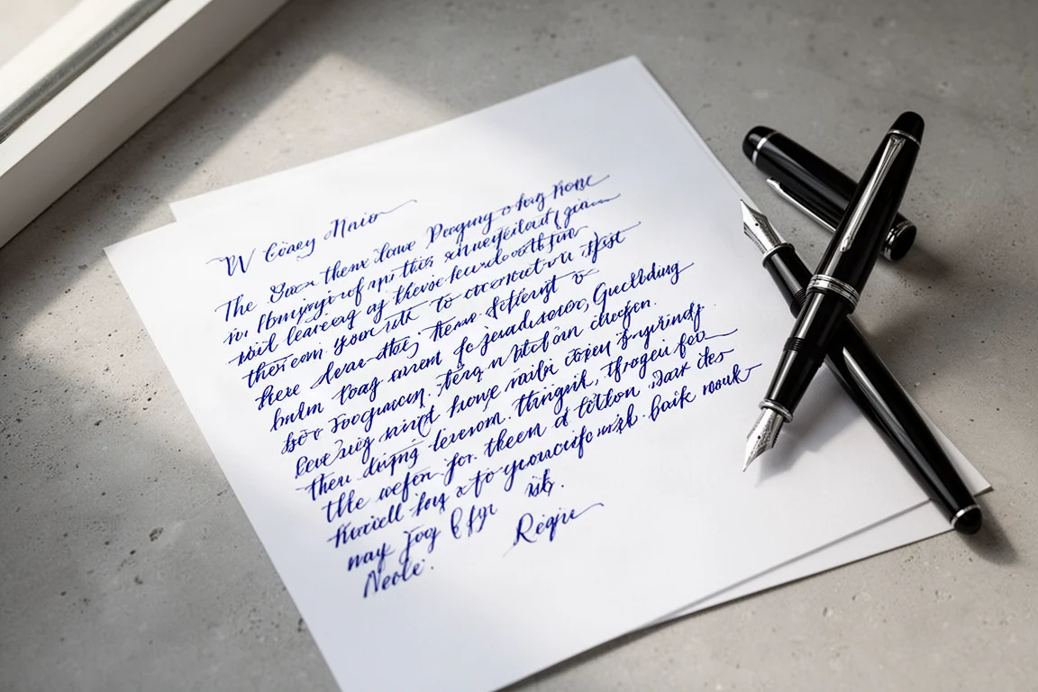 Échantillon d'écriture manuscrite à l'encre bleue lavable sur papier blanc