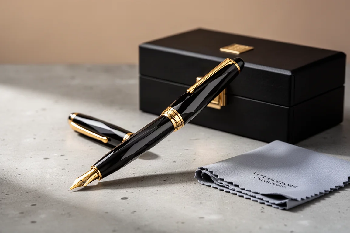 Glossy black Italian fountain pen with gold trim on a concrete surface beside its box