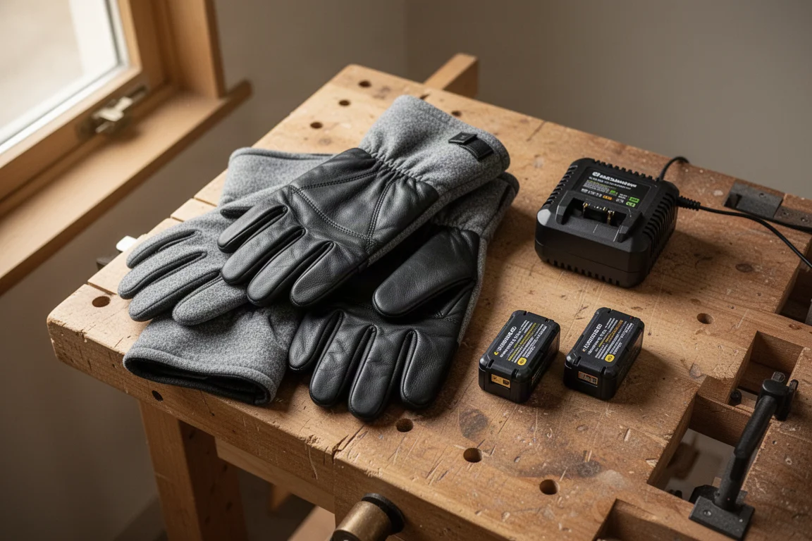 Insulated winter gloves with leather palms on a workshop bench beside a small battery charger