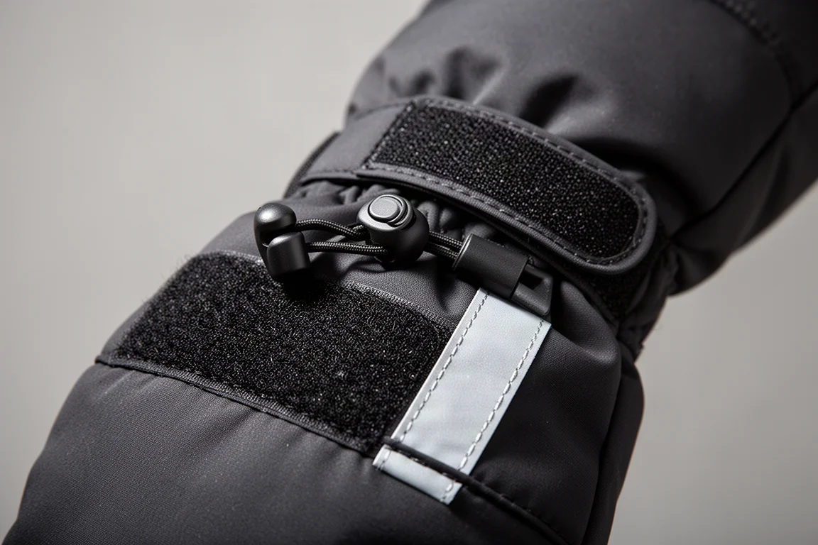 Close-up of a glove cuff with a cord lock and velcro strap being cinched snug