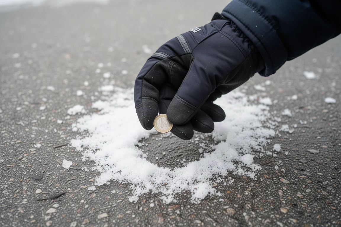 Hand picking up a small coin from a snowy surface while wearing thick gloves