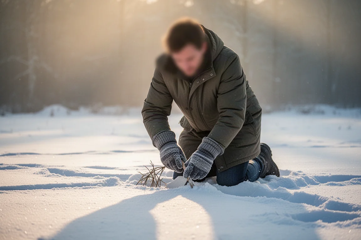 Gloved hands working outdoors on a cold snowy morning