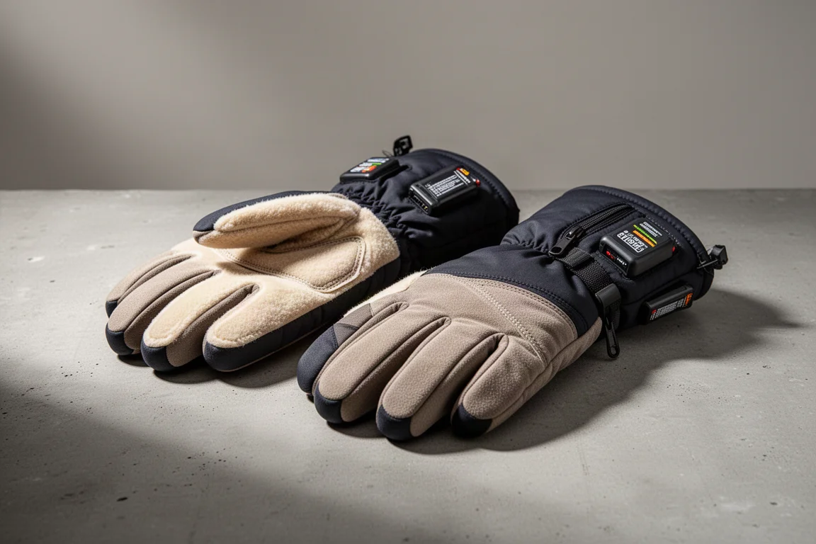 Pair of insulated winter gloves with leather palms on a concrete surface