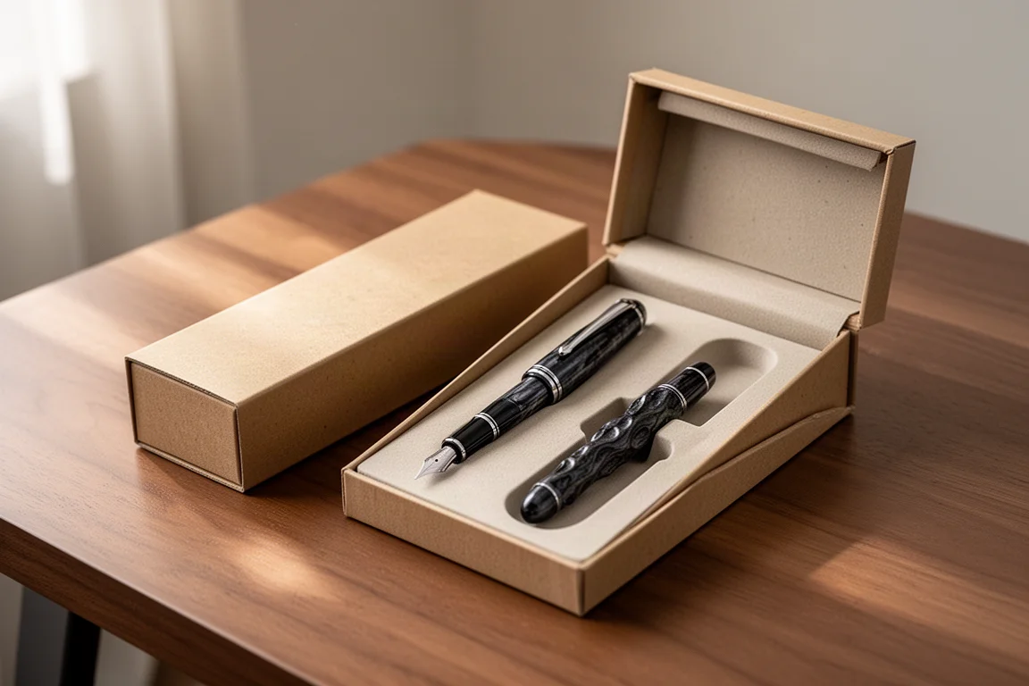 A modern fountain pen unboxed beside its cardboard packaging on a desk