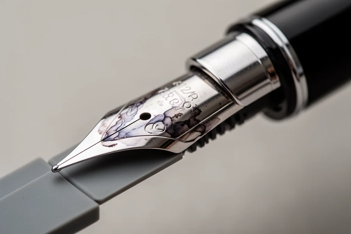 Close-up of a semi-hooded fountain pen nib with a flat feed