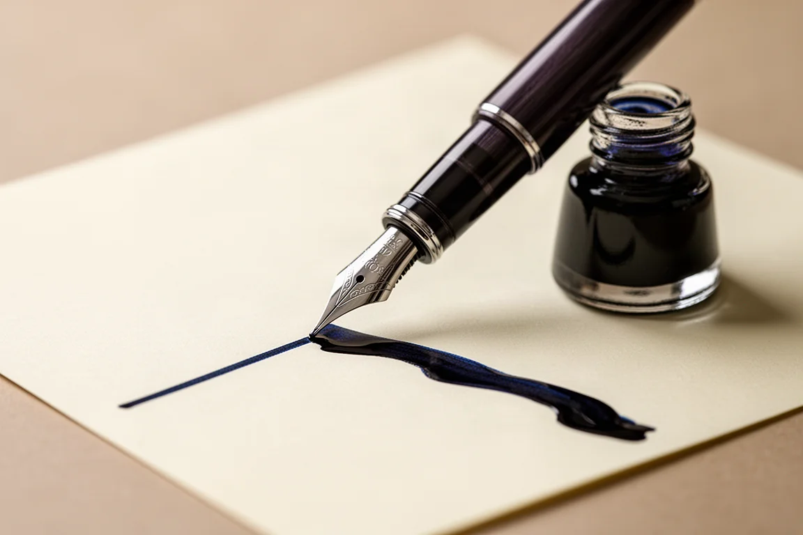 Fountain pen mid-stroke on cream writing paper leaving a wet ink line