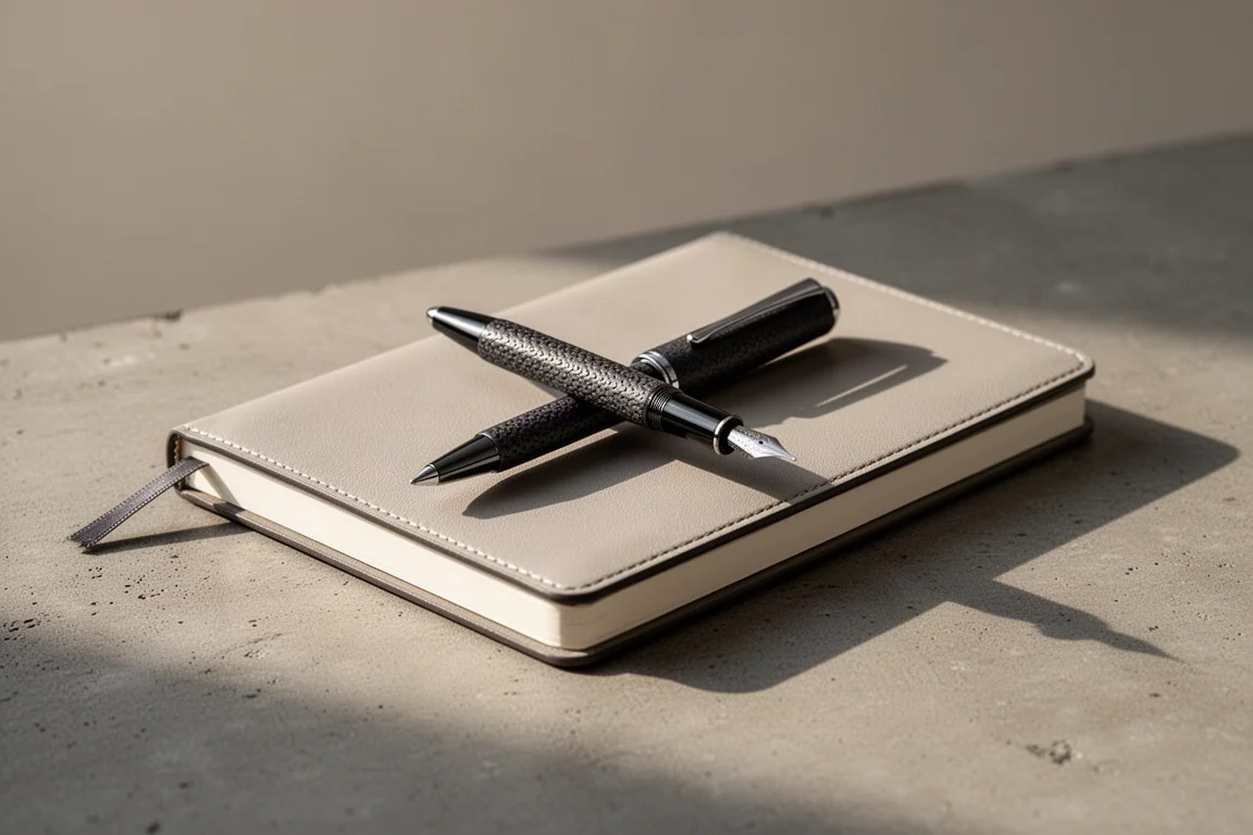 Fountain pen resting on an empty notebook at the end of a writing session