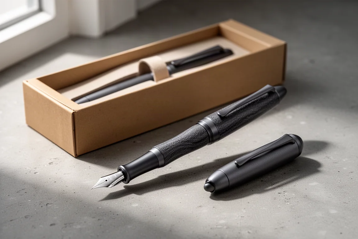 Venustas Magna fountain pen with dark textured barrel beside its cardboard packaging on concrete