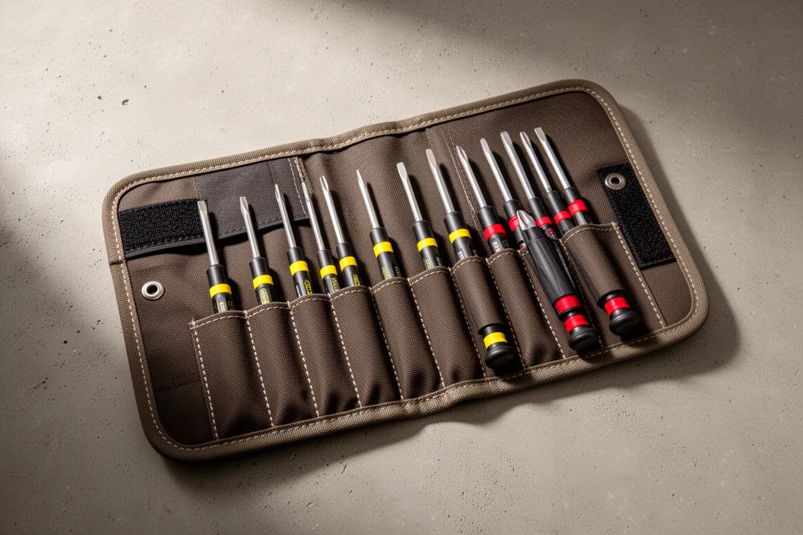 Open fabric tool roll holding twelve precision screwdrivers in color-coded slots
