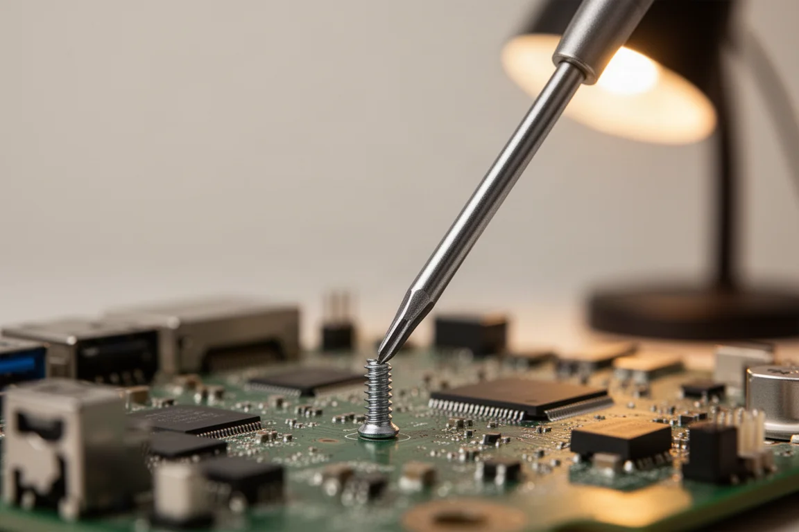 Hands using a precision screwdriver on a small electronic circuit board