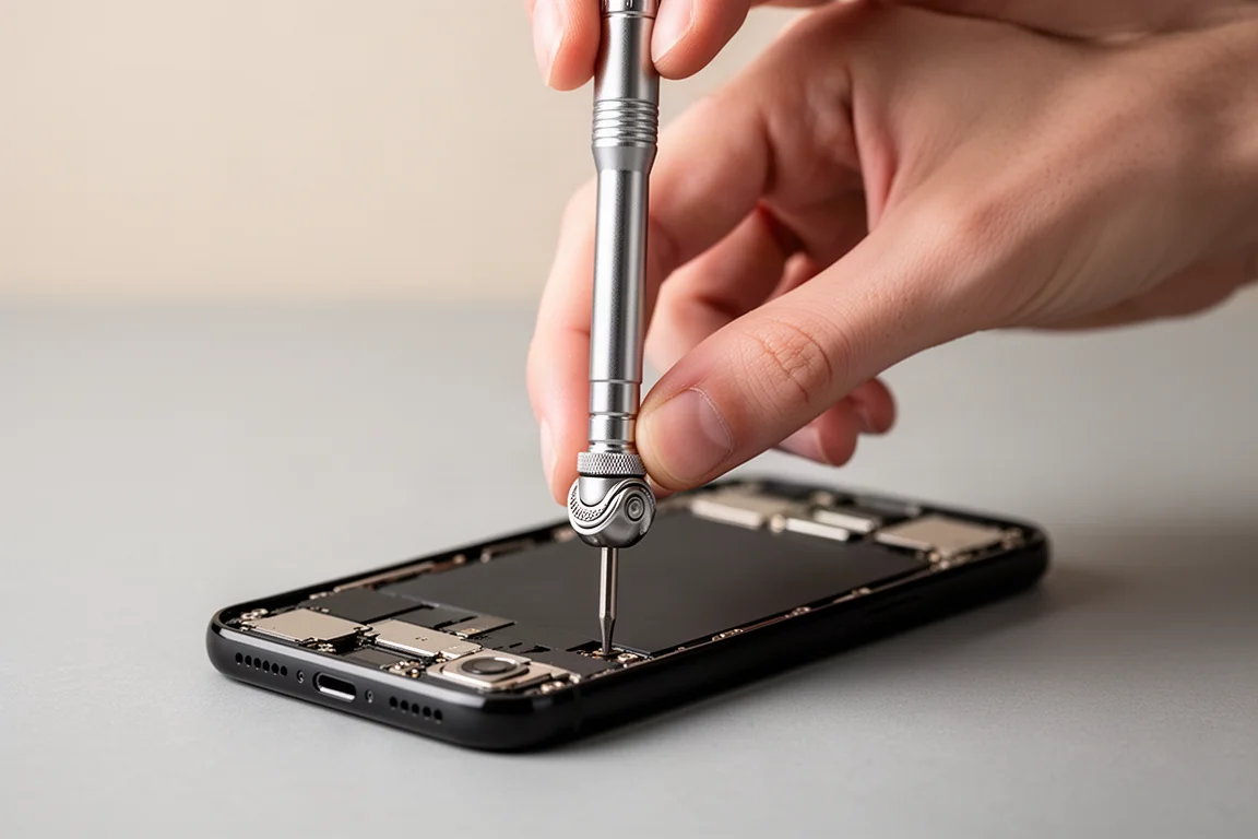Close-up of a screwdriver swivel cap being pressed during precision work