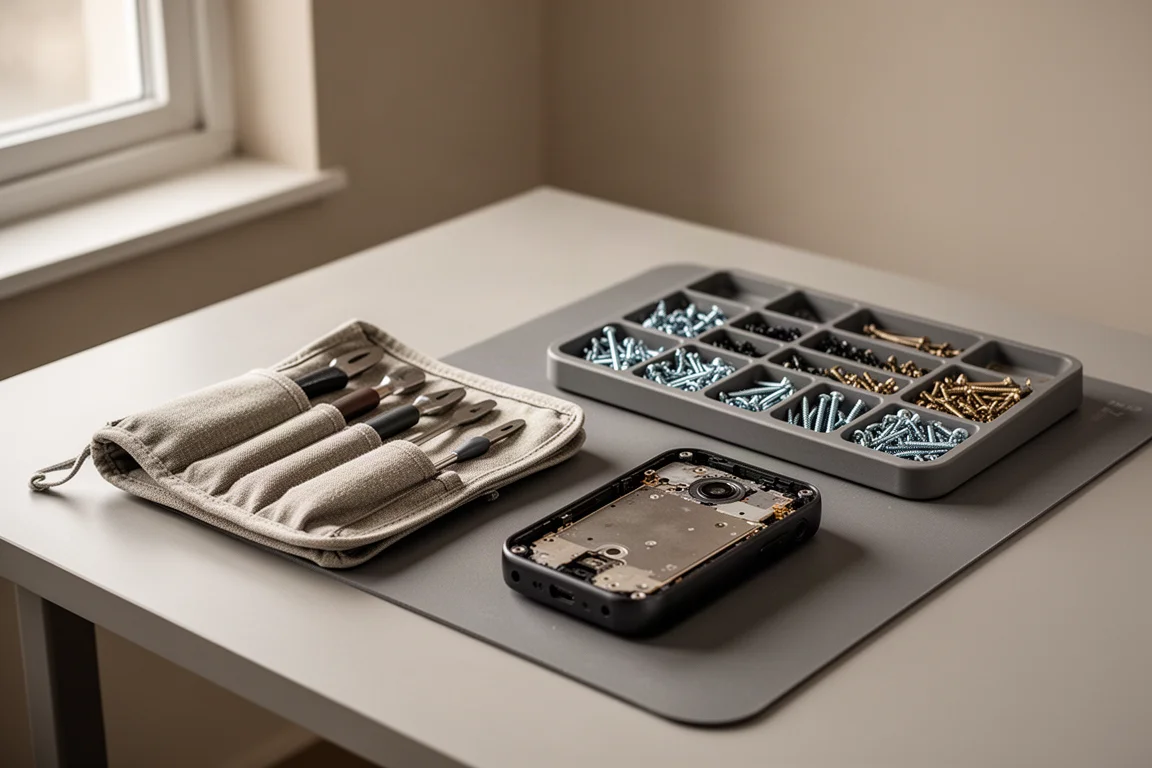 Tidy workbench with a precision screwdriver set and small organized parts trays