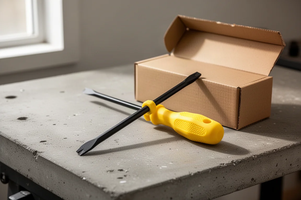 Yellow-handled impact screwdriver lying on a concrete workbench