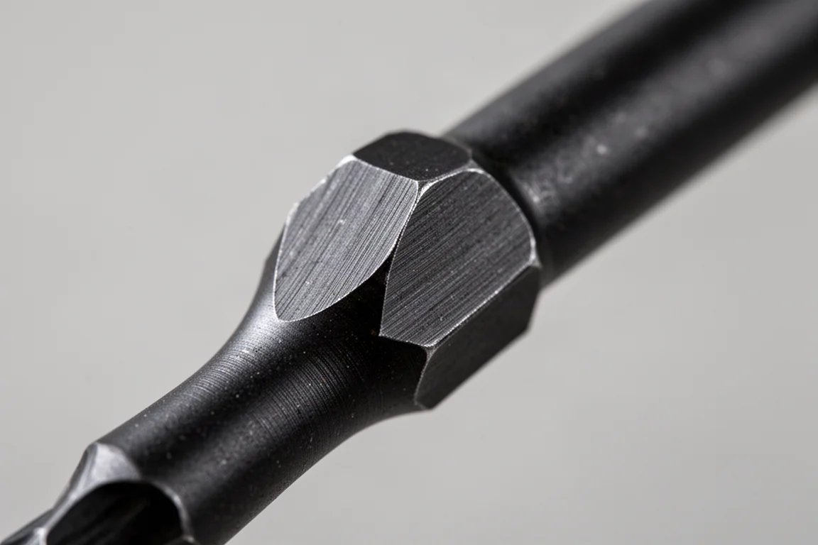 Close-up of a hex shank on a black steel screwdriver shaft