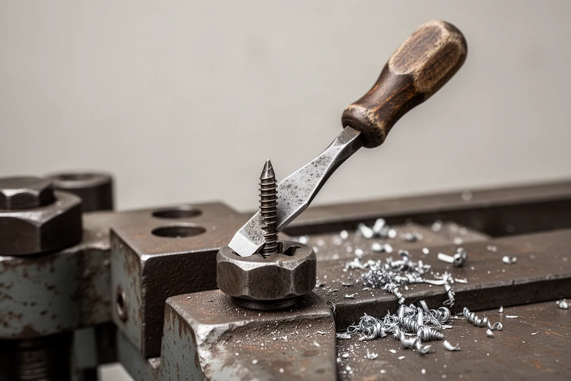 Battered flathead screwdriver being tapped with a hammer on a workbench