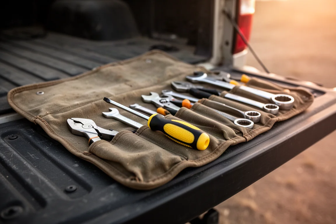 Screwdriver stored in an open vehicle tool kit beside a truck tailgate