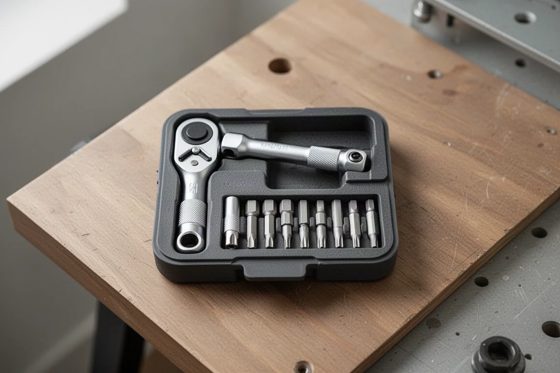 Compact bike tool kit laid out with ratchet and hex bits on a workbench