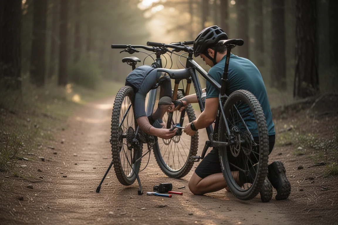 Cyclist performing roadside trail repair with a small tool kit