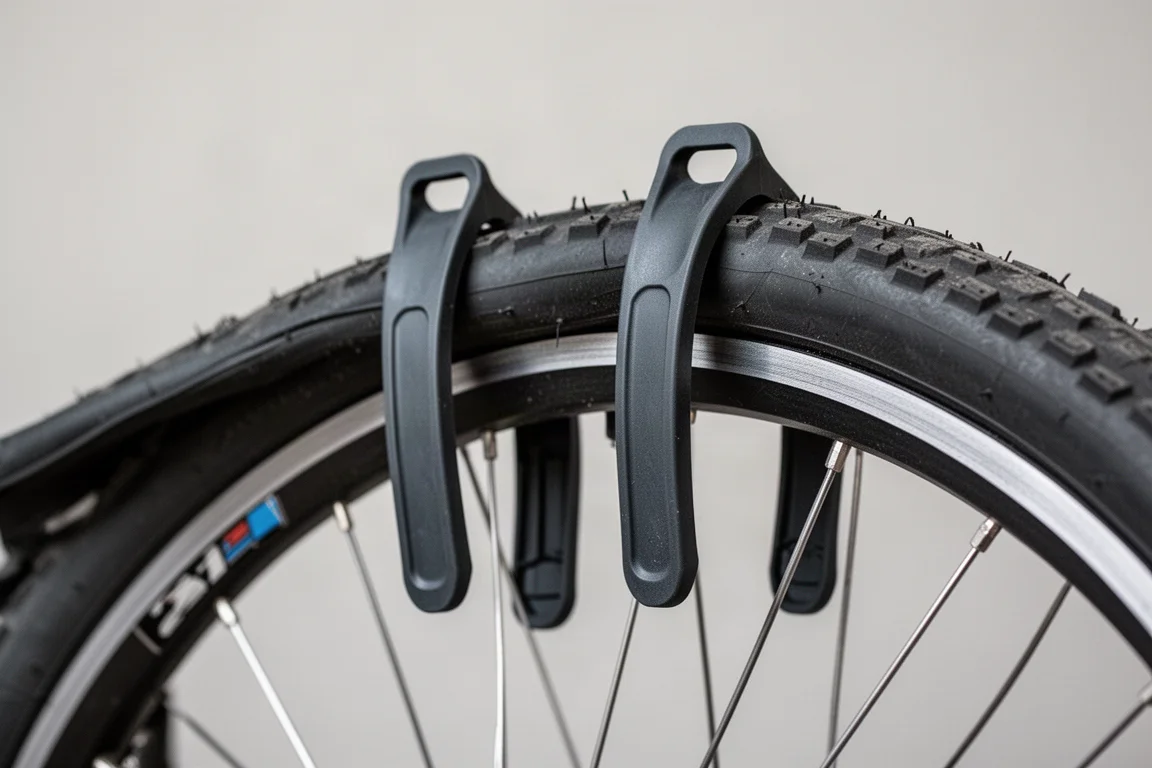 Nylon tire irons hooked onto a wheel spoke holding a tire back