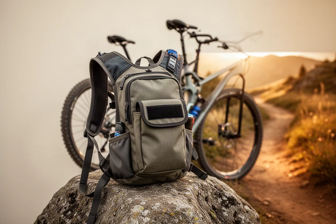 Compact tool case with velcro closure strapped to a bike on a trail ride