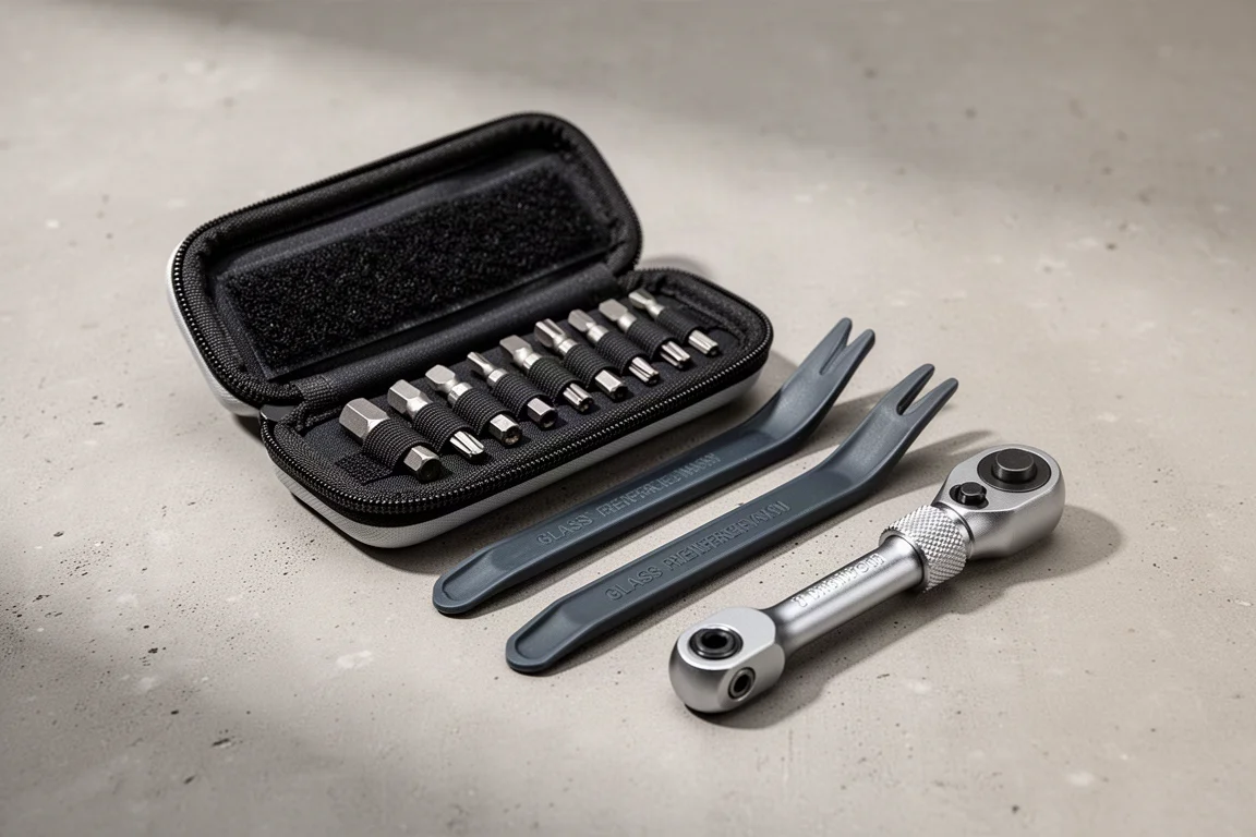 Vera Bicycle Set One 工具組攤開展示,呈現棘輪扳手、批頭與挖胎棒