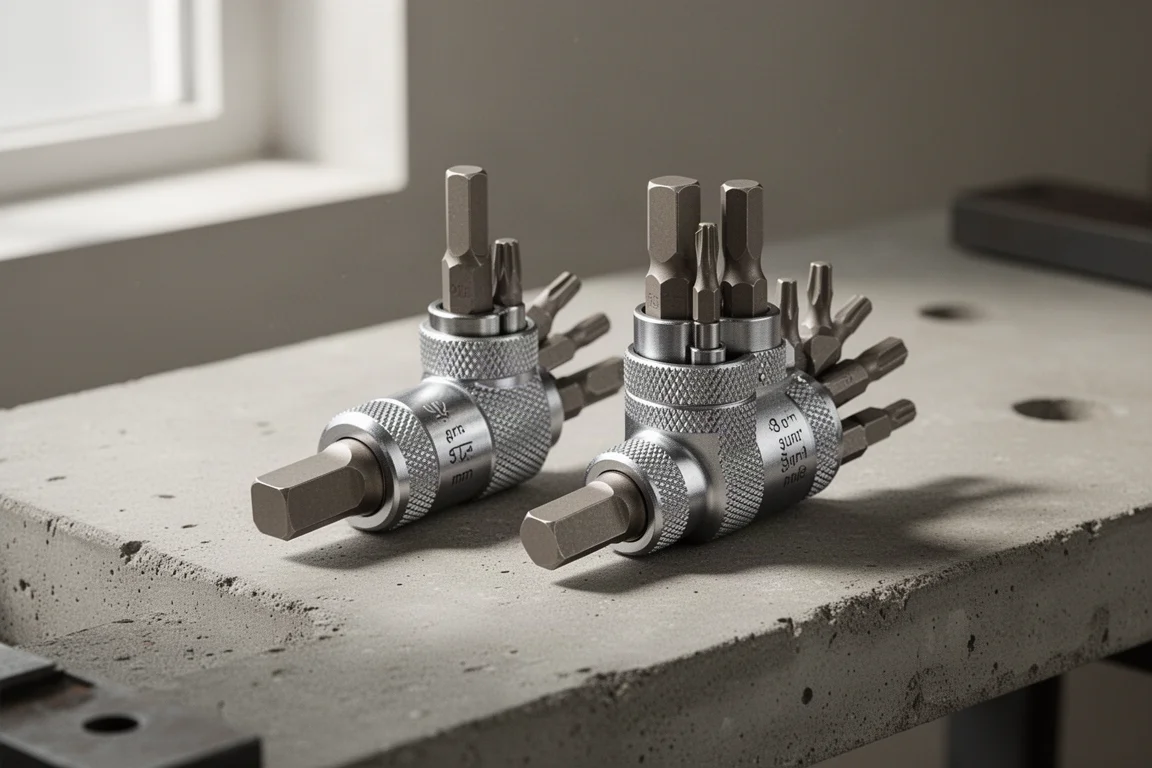 Two hex bit holders with square drive ends on a concrete workbench