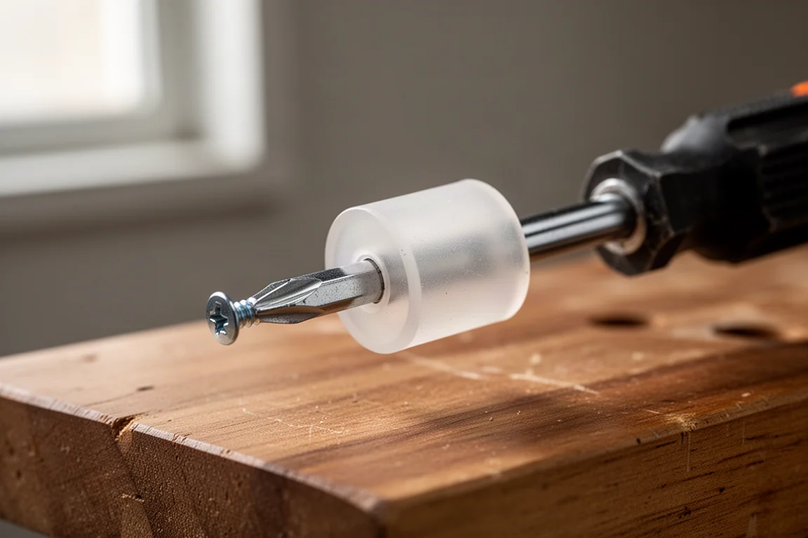 Plastic collar adapter slid onto a Phillips screwdriver shaft holding a screw