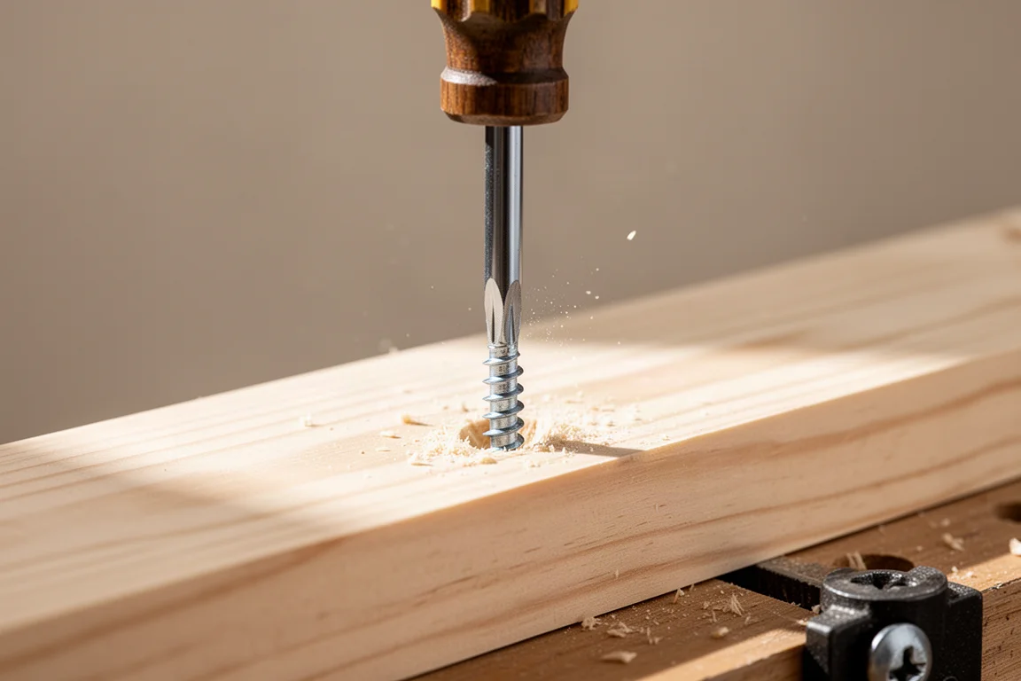 Screwdriver starting a screw into a 2x4 board on a workbench