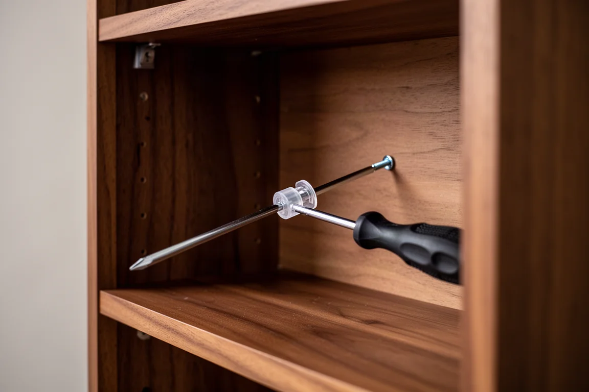 Screwdriver reaching deep inside the back of a wooden cabinet