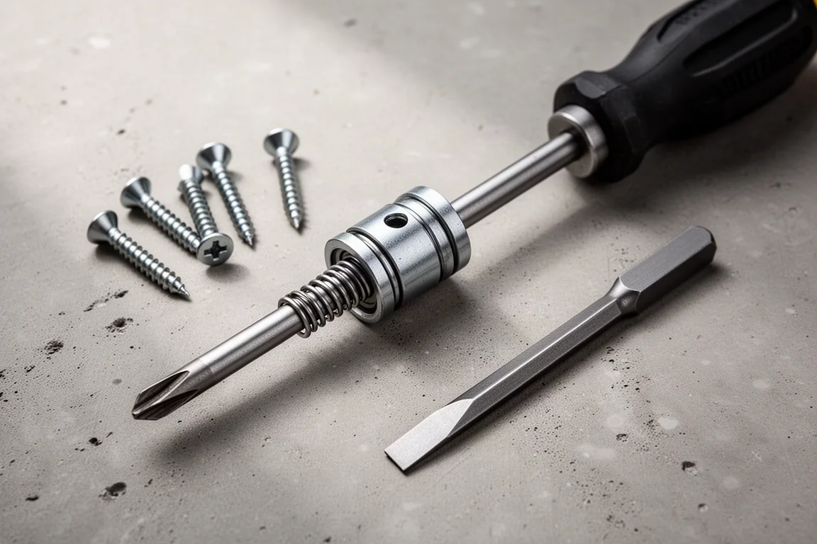 Spring-loaded metal screw-starting collar on a screwdriver beside loose screws