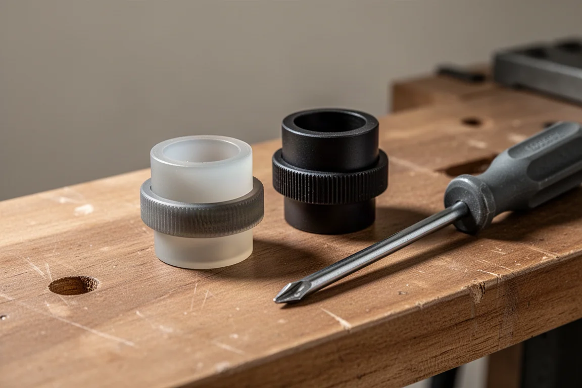 Two plastic screw holder collars and a Phillips screwdriver on a wooden workbench