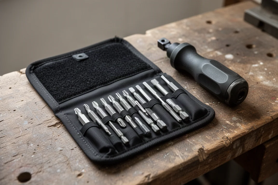 Impact screwdriver with assorted driver bits laid out on a workbench