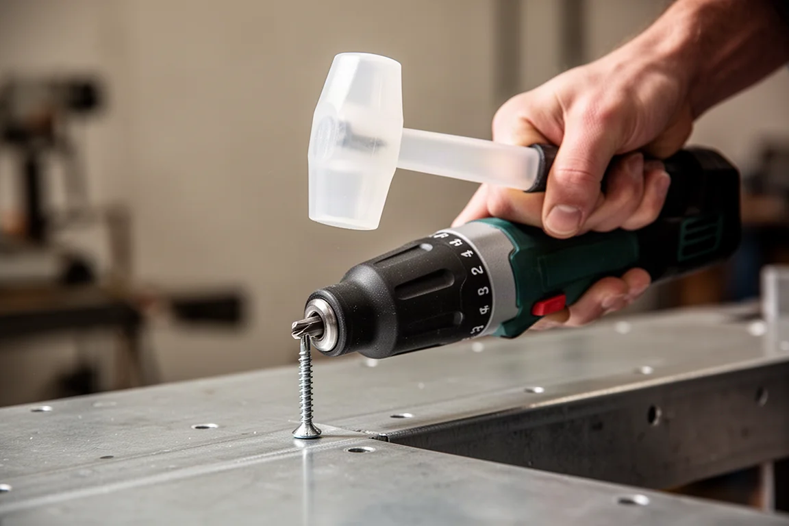 Hammer striking the tail cap of an impact screwdriver seated on a stuck fastener