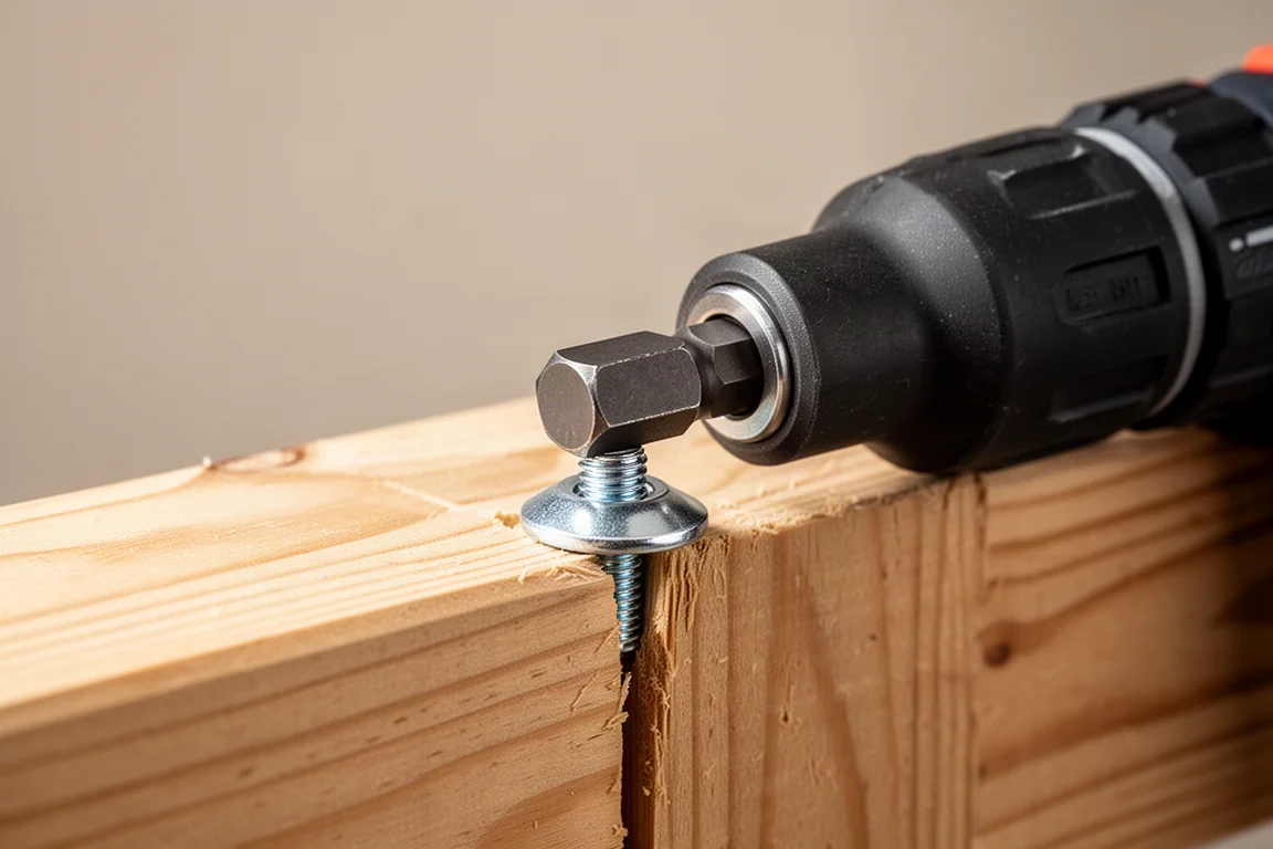 Nut driver bit fitted into an impact screwdriver lifting a seized bolt out of wood