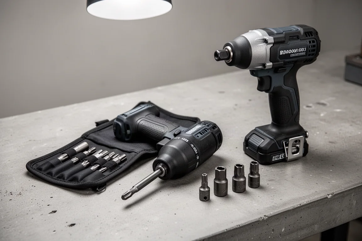 Workbench scene with impact screwdriver set alongside a cordless impact driver
